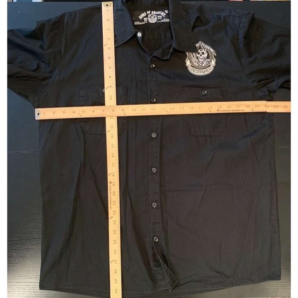 Sons of Anarchy Black Button Up Shirt Short Sleeve Biker Reaper Patch Men's XL - Picture 8 of 8